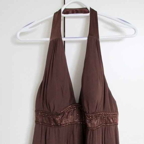 Max&Cleo Mahogany Brown Silk Chiffon Halter Dress NYE Size 10 - Picture 3 of 13